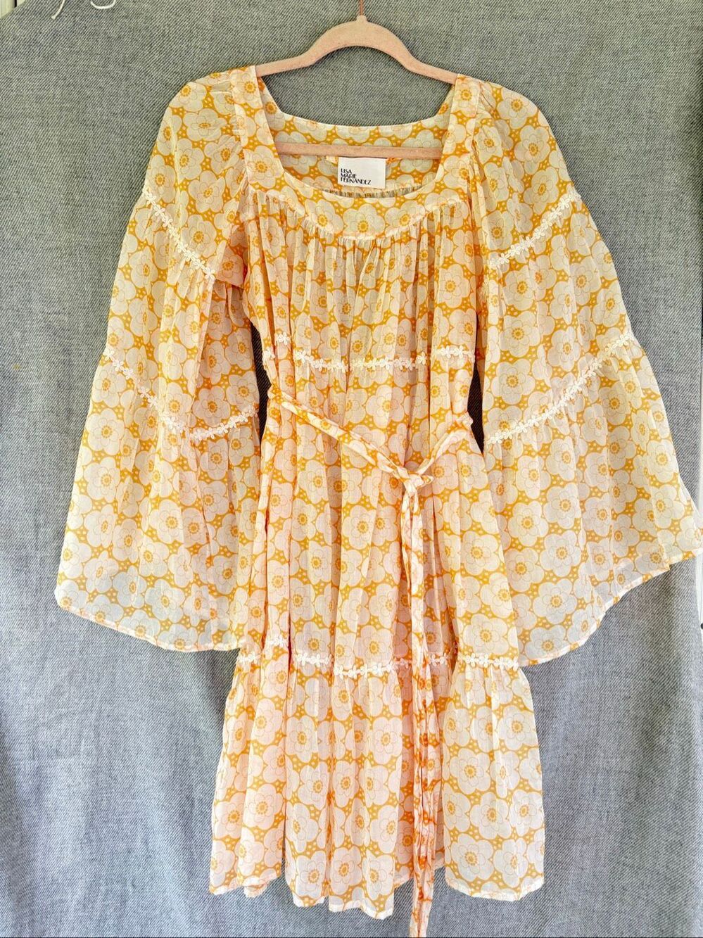 Lisa Marie Fernandez Floral Linen Bell Sleeve Mini Dress Yellow Cream Size 1 XS